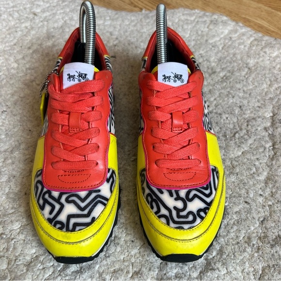 Coach: x Keith Haring Lace Up Yellow, Orange, Pink, Black White People Sneakers - Picture 2 of 16